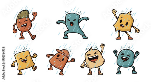 Cartoon characters dancing in the rain illustration