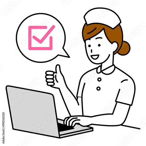 ノートパソコンを操作しながら完了の合図をする女性看護師