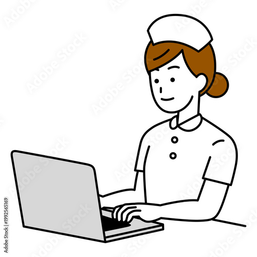 ノートパソコンで仕事をする女性看護師