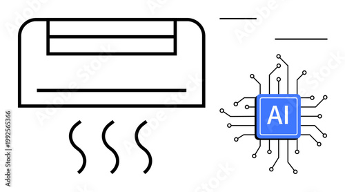 Smart home technology, artificial intelligence, energy efficiency, IoT integration, climate control, modern appliances. A digital of an air conditioner and AI circuit. Smart home technology and AI