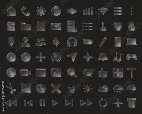 Modern minimalist glassmorphism vector icon pack. A comprehensive collection of sleek, translucent icons featuring a trendy frosted glass effect