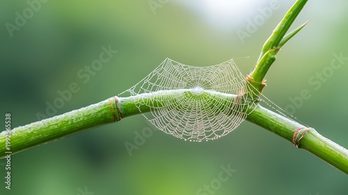 Delicate Spider Web among Green Stems in Soft Natural Background
