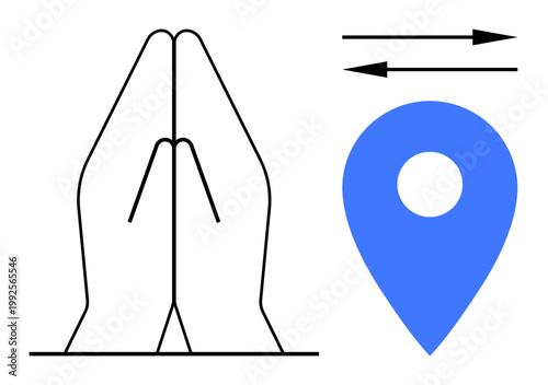 Faith, navigation, guidance, spirituality, connection, movement. Two praying hands alongside a blue location pin and directional arrows. Faith and navigation concept combining spirituality
