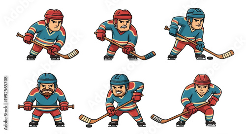 Hockey players posing in various actions cartoon style illustration