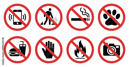 Prohibited icons set, restriction symbol collection, no mobile phone, no littering, no smoking, no pets, no food, no fire, and no photography signs