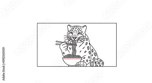 Snow Leopard Eating Noodles with Chopsticks, Whimsical Animal Illustration