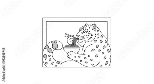 Snow Leopard Eating Noodles with Chopsticks - Whimsical Animal Illustration