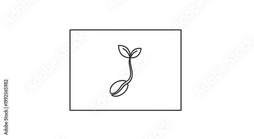 Sprouting Seedling with Two Leaves Emerging from a Bean, Black and White Outline Icon