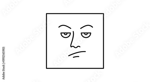 Square Face with Grumpy Expression, Minimalist Line Art, White Background