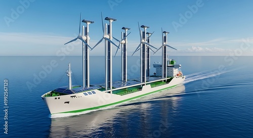 A white sailing yacht and a large commercial ship pass a majestic offshore wind turbine farm in the deep blue waters of the Mediterranean ocean under a clear summer sky