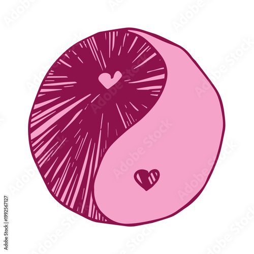 Hand drawn yin yang symbol with hearts Zen and Tao Harmony and balance Black and white yin and yang sign Taichi, Taoism, Buddhism, Japan, Chinese, Asian, yoga, meditation, karma, peace, dualism