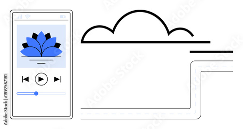 Cloud storage, music streaming, digital media, technology, online services, data connectivity. Mobile interface showing music playback near a stylized cloud icon. Cloud storage and music streaming