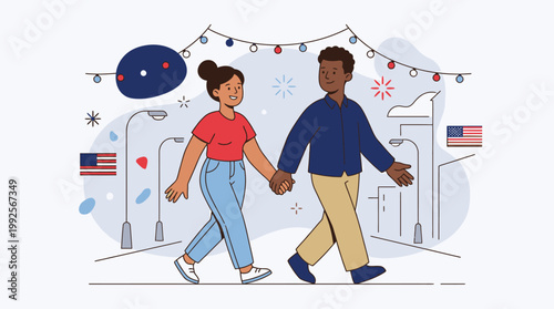 Young Couple Celebrating 4th of July Together, Walking Hand in Hand with Festive Decorations in Background