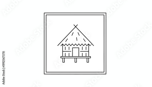 Simple Line Art Icon of a Traditional Thatched Hut on Stilts