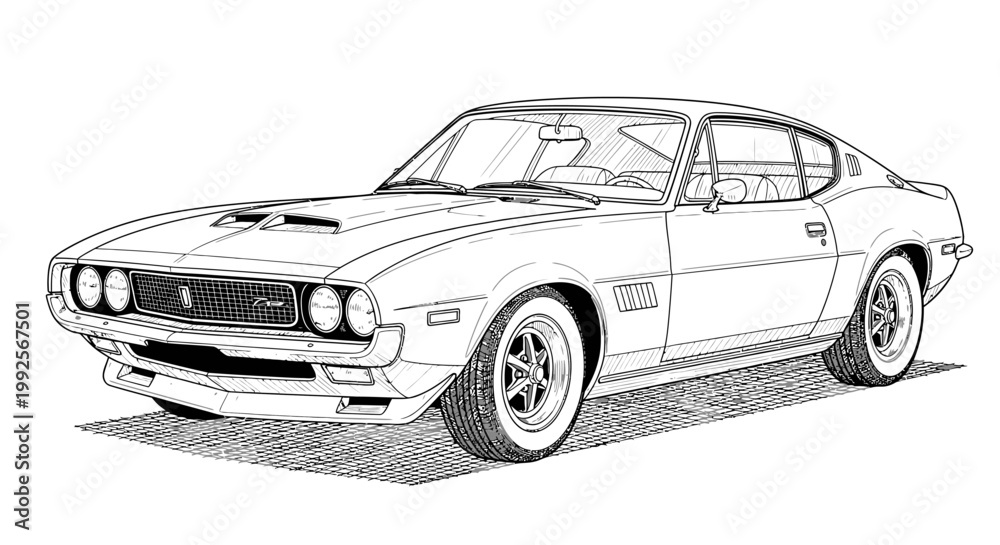 Fototapeta premium Vintage sports car on display outdoors in a scenic landscape setting