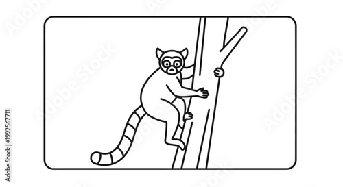 Ring-tailed Lemur Climbing Tree Trunk, Wildlife Illustration, Cute Animal