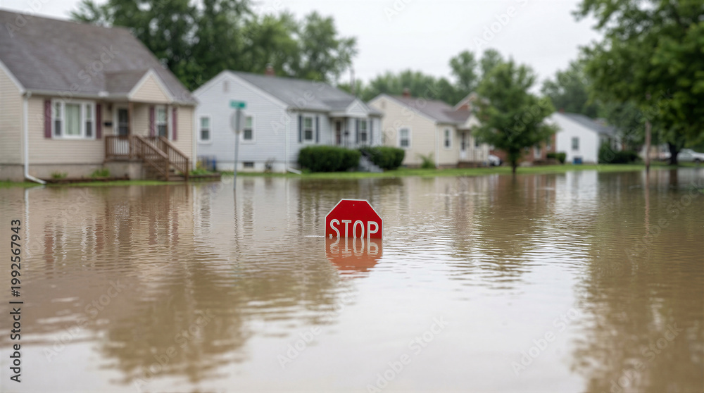 Fototapeta premium Flooded residential street with a stop sign partially submerged in murky water in front of suburban houses after heavy rainfall