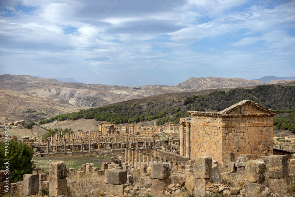 Naklejka premium Church complex ruins and baptistery quarter at Djémila