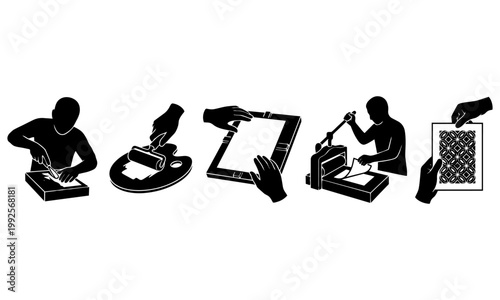 Silhouette illustrations of artistic processes and techniques used in printmaking and painting  various steps involved in creating artworks