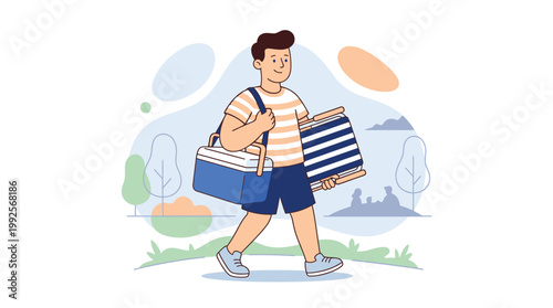 Cheerful Young Man Walking Outdoors with Colorful Bags and Picnic Basket for Summer Celebration