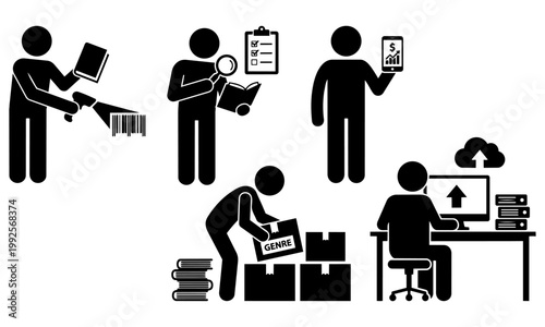 stick figure people working with books and computers and mobile phone and office supplies on white background