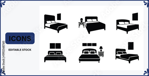 Collection of black and white bedroom furniture icons for design  various beds and nightstands