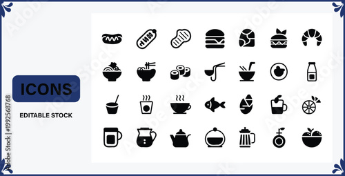 Collection of food and drink icons on white background