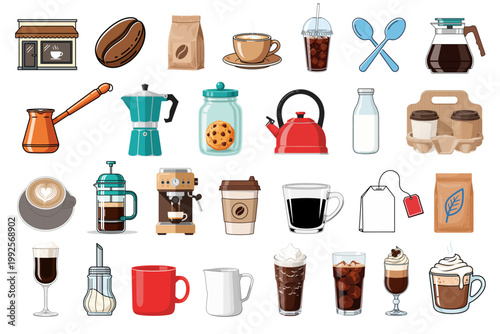 Coffee, tea, and dessert icons, 25 vector graphics, coffee shop elements, food and drink illustrations