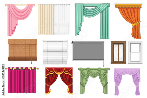 Curtain, Drapery, Window Treatment, Vector Icons, 12 Pieces, Interior Design Elements