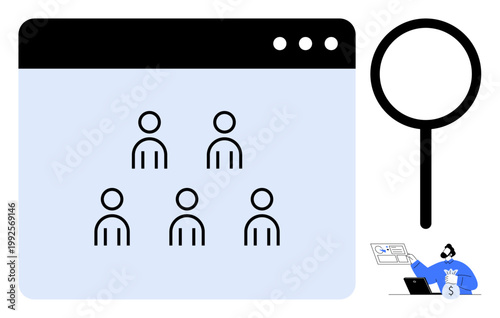 Team management, user search, recruitment, data analysis, workforce planning, online services. Web interface with user icons, magnifying glass and person working. Team management and user search