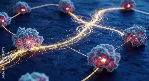 Abstract Network of Glowing Cells and Energy Trails