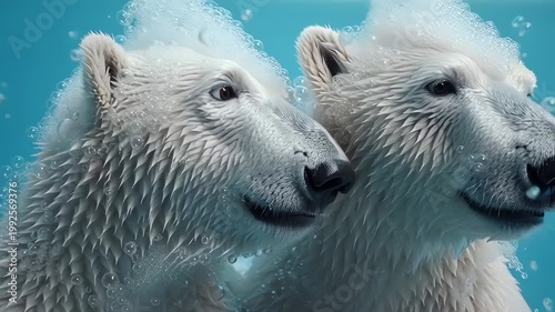 Two cute polar bears playing in soapy bubbles