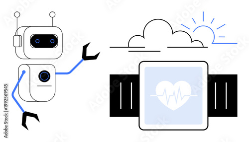 Artificial intelligence, digital health, wearable tech, automation, future innovation, robotics. Robot interacting with a smartwatch showing a heartbeat symbol. Digital health and wearable tech