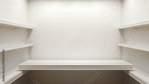 Empty white closet or storage room with shelves and a central shelf