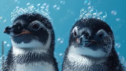 Adorable Penguins Covered in Soap Bubbles on Blue Background