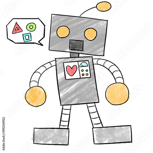 Cute hand-drawn cartoon robot with speech bubble and shapes