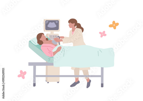 健康診断、乳がん検査、エコー検査、クリニックなどのシンプルな手書きベクターイラスト素材 Simple hand-drawn vector illustrations of health checkups, breast cancer screenings, ultrasound exams, clinics, and more.