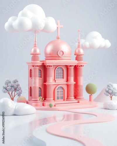 Whimsical pink mosque building surrounded by fluffy clouds and trees
