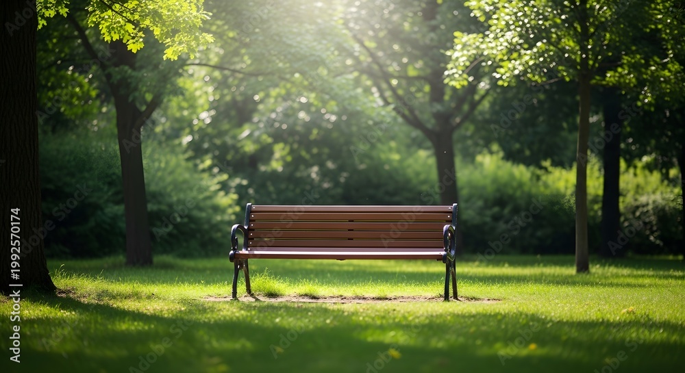 Fototapeta premium Empty Park Bench Bathed in Golden Sunlight Amidst Lush Greenery.