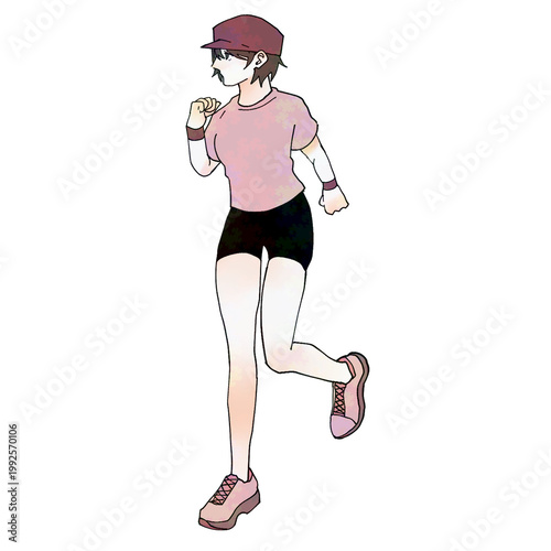 Stylized female runner jogging in sportswear on black background