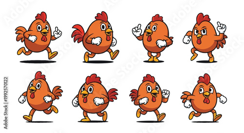 Cartoon chickens in various poses running and gesturing on white