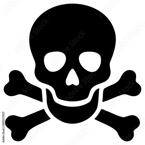 Ominous black and white vector graphic illustration depicting a traditional skull and crossbones symbol, universally recognized for danger, warning, poison, or pirate themes.