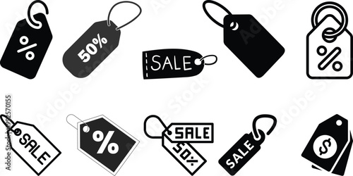 Collection of diverse shopping and product tag icons representing retail and commerce.Collection of nine black and white icons representing various e-commerce and financial concepts  online shopping
