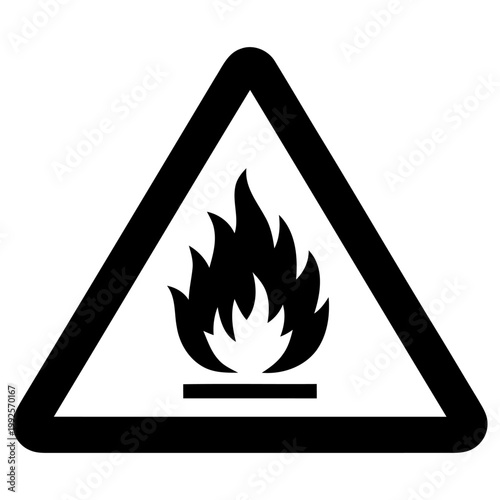 Black and white vector illustration depicting a universal warning sign for flammable materials, indicating a significant fire hazard requiring caution.