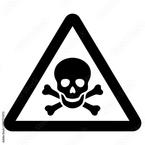 Simple black vector graphic illustration depicting a toxic hazard warning sign featuring a skull and crossbones symbol inside of a bold triangular frame