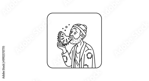 Homeless Man Enjoying a Slice of Watermelon, Line Art Illustration