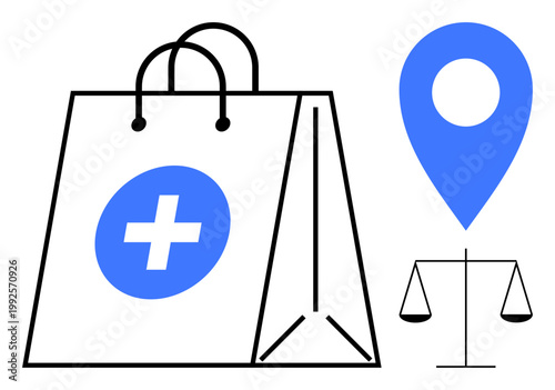 Online shopping, logistics, legal services, health commerce, location tracking, business solutions. Shopping bag with a cross symbol, location pin and justice scale. E-commerce and logistics