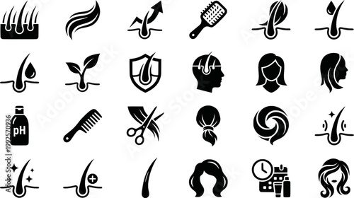 Hair care icon set with twelve symbols for strong roots, nourishment, growth, detangling, hydration, and natural care, presented in a clean, minimalist black glyph style