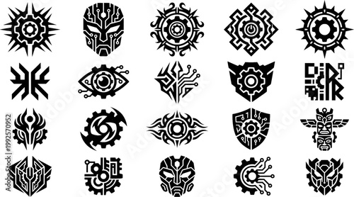 Black tribal biomechanical tattoo designs featuring futuristic alien heads, intricate gears, and complex circuit patterns in a bold, stylized stencil vector illustration set