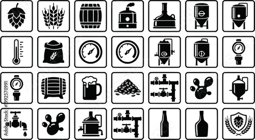 Set of beer brewing process icons in a vintage black and white engraving style showing hops, wheat, barrel, fermentation tank, and a mug of ale for a craft brewery